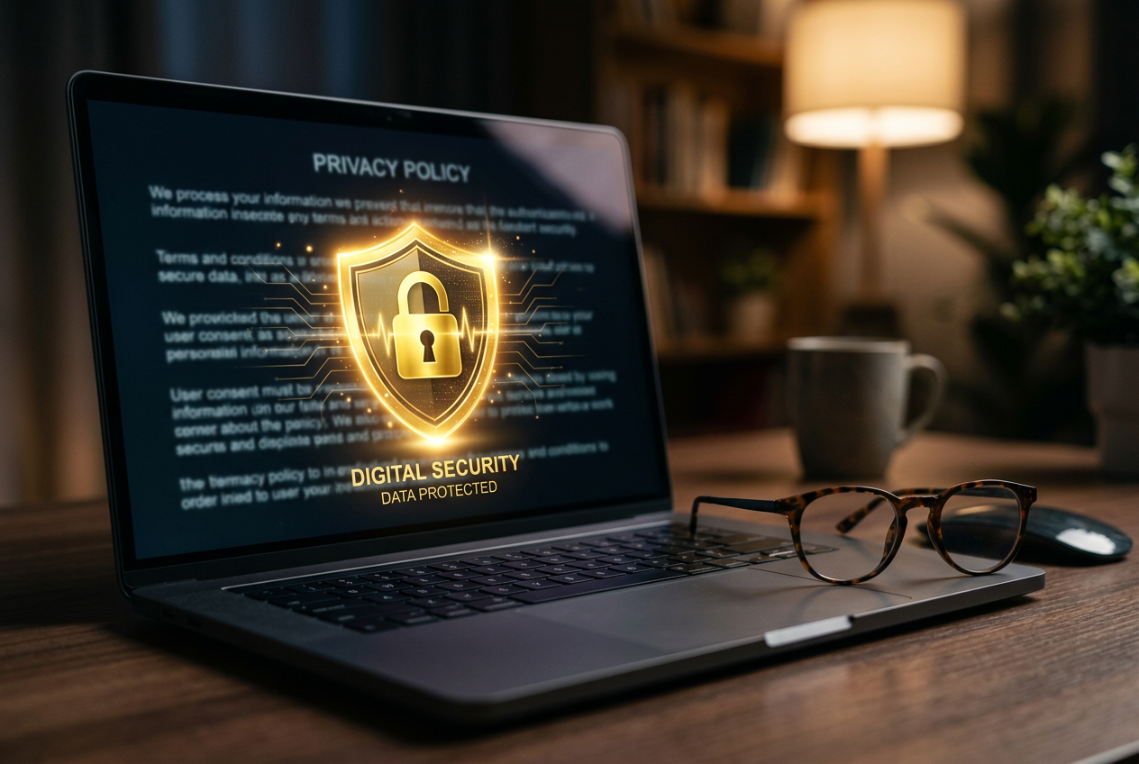 A digital security lock and shield icon displayed on a laptop screen.